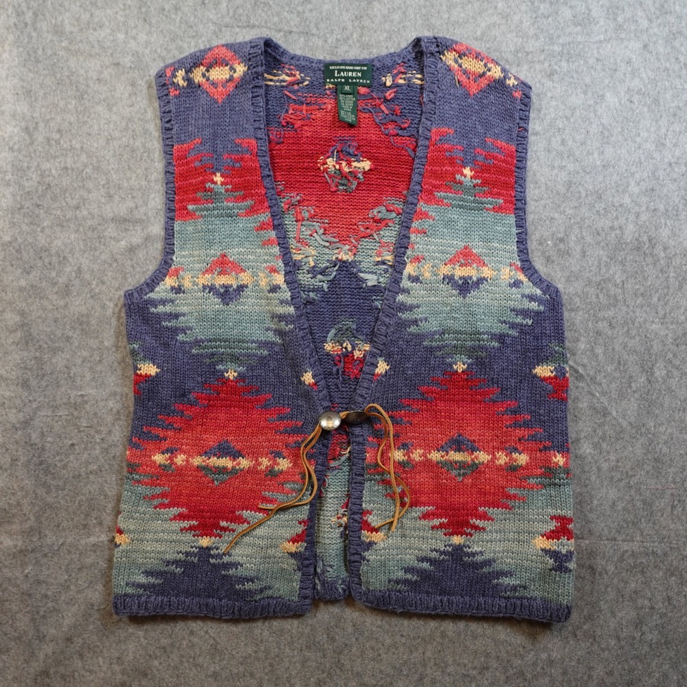 Ralph Lauren Vest Womens Extra Large Hand Knit Southwestern Aztec Linen Blend - Picture 1 of 9